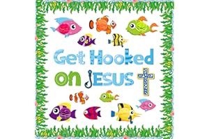 BeYumi 81Pcs Get Hooked on Jesus Christian Bulletin Board Set Under The Sea Tropical Fish Honeycomb Cutouts Name Tags Trim Borders Summer Faith Religious Classroom Sunday School Chalkboard Wall Decor