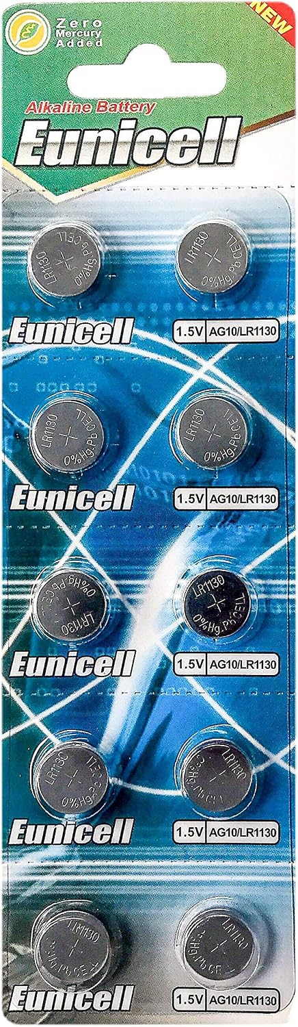 Eunicell AG10 Alkaline Button Cell 1.5v Batteries, Pack of 10 in Individual Blisters