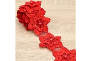 DHFLYDH Organza Flower Trim 2 Yards Lace Edge Trim Ribbon, Vintage Edging Trimmings Fabric Embroidered Applique Sewing Craft for Wedding Dress Embellishment DIY Dress Decor, Gowns, Home Decor (Red)