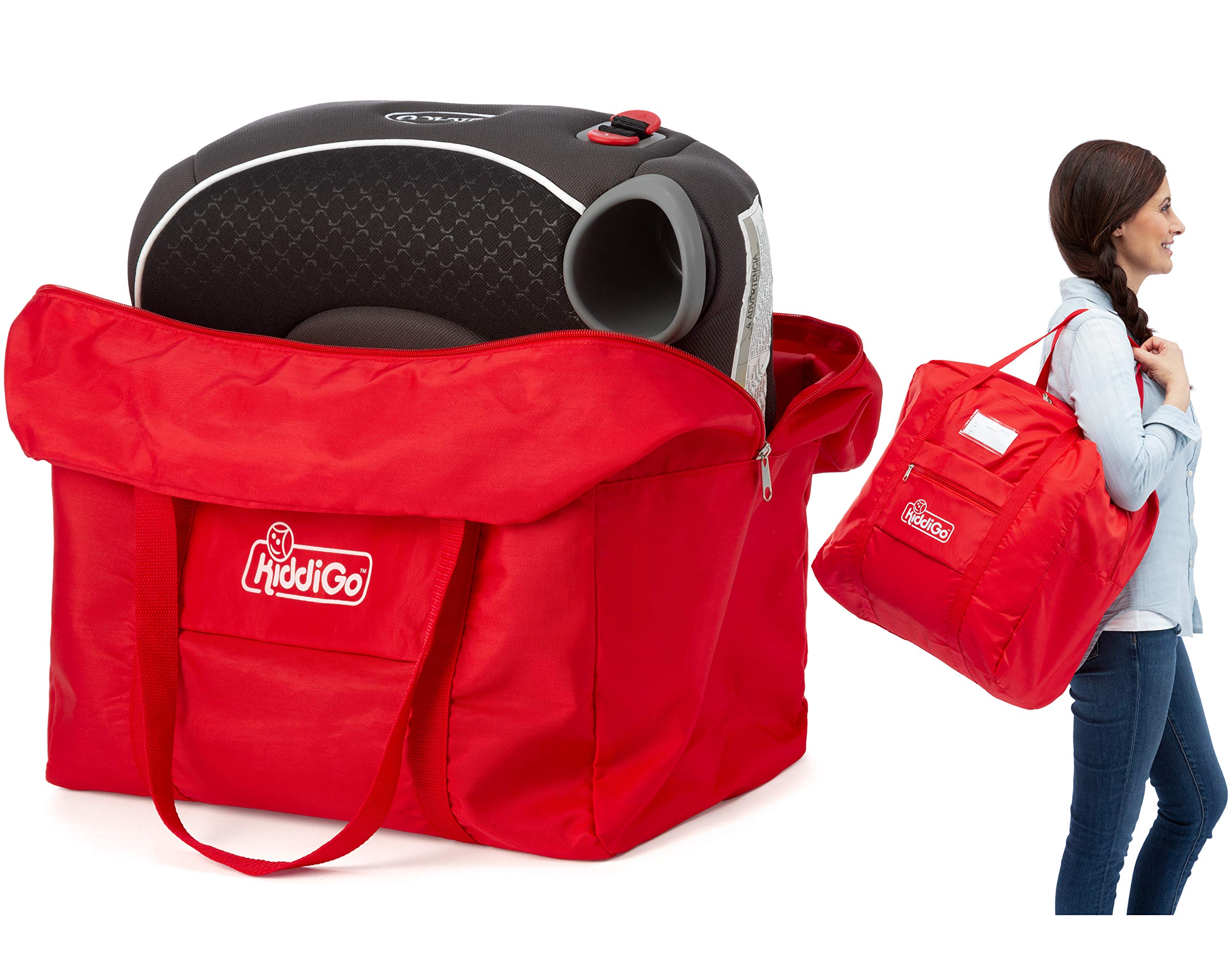 Photo 1 of KiddiGo Booster Seat Travel Bag for Airplane, Red, 17" H x 16.5" W x 9.5" D, Fits Most Backless Booster Seats, Easy to Carry with Luggage Handle, Durable Zippers & Front Small Pocket