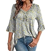 OIDUICOULD Women's 3/4 Bell Sleeve Ruffle V Neck Tops Casual Summer Knit Shirts