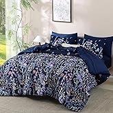 Yiran Navy Floral Comforter Set Queen Size, 7 Piece Blue Botanical Flowers Comforter Bedding Set, Bed in a Bag Queen, Soft Microfiber Complete Bedding Set with Sheets for All Season