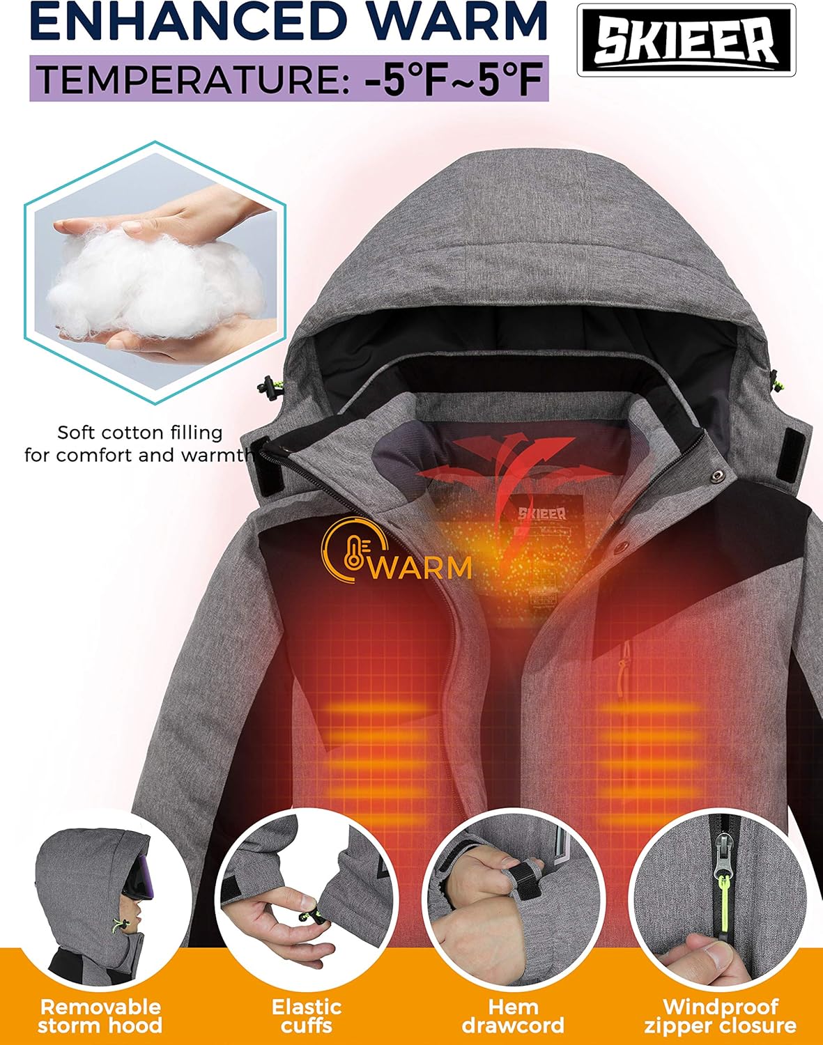 Skieer Men's Waterproof Ski Jacket Warm Winter Snow Coat Windproof Hooded Rain Jacket: Clothing