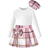 DONWEN Girl Skirt Sets 3 Piece Outfits Crew Neck Ribbed Tops Plaid Mini Skirt Shorts with Bowtie + Beret Fall Winter Clothes