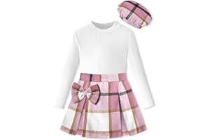 DONWEN Girl Skirt Sets 3 Piece Outfits Crew Neck Ribbed Tops Plaid Mini Skirt Shorts with Bowtie + Beret Fall Winter Clothes
