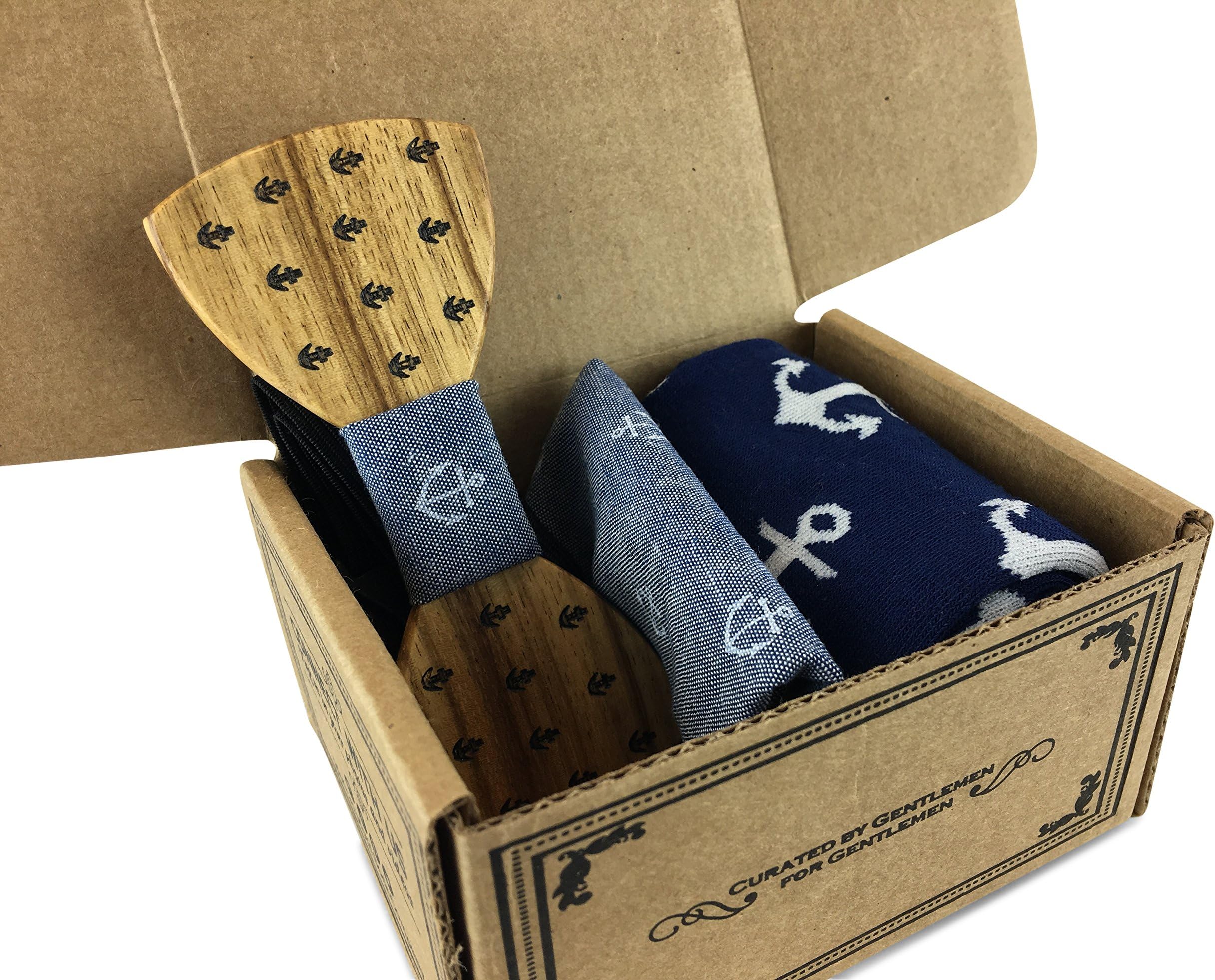 Premium Wooden Bow Tie with Matching Pocket Square and Cotton Blend Mens Socks
