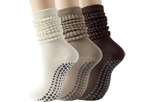 Women Grip Pilates Socks, Non Slip Gripper Slouch Sock with Grips Scrunch Crew Pilates Long Socks for Barre Yoga Workout