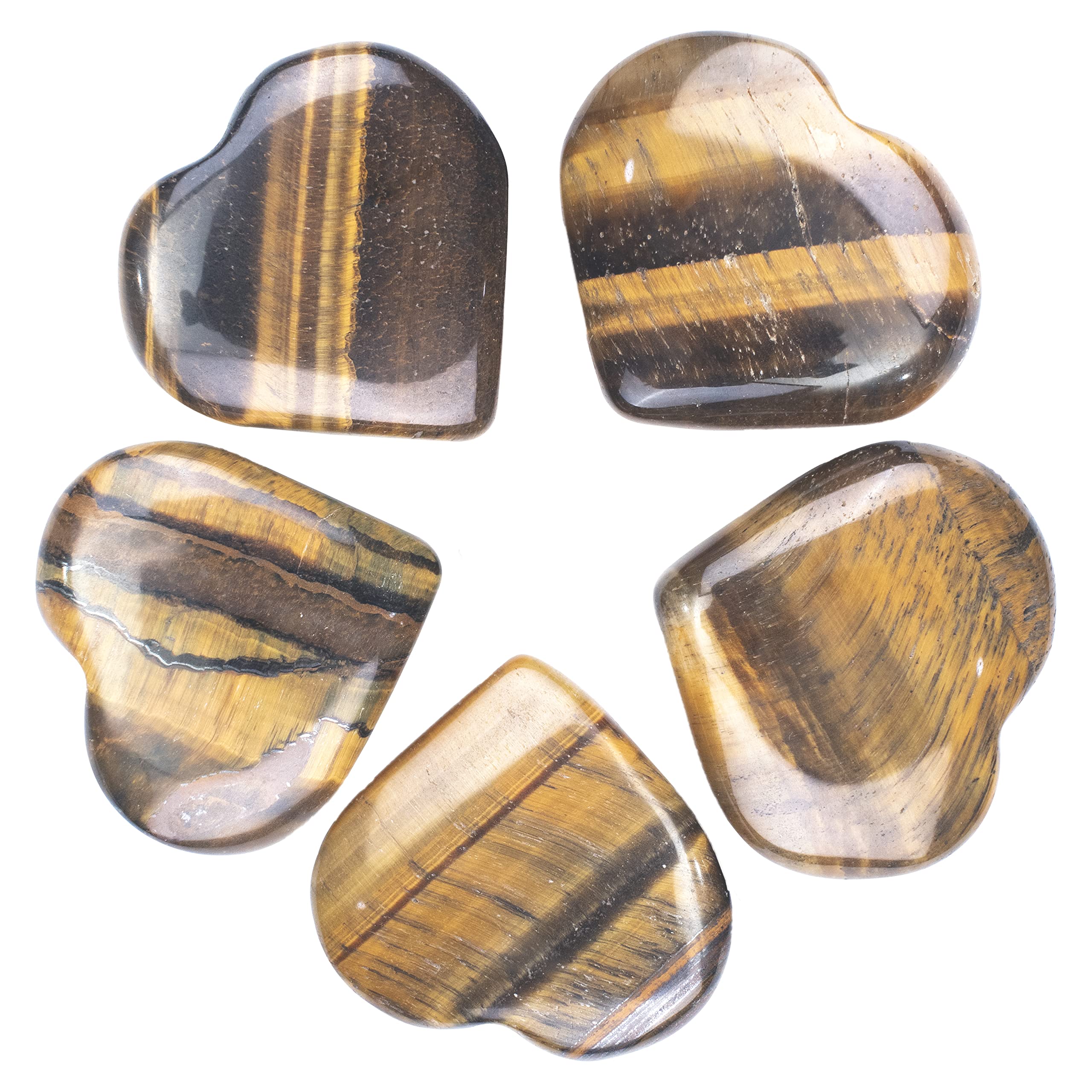 Crocon® 5 Pcs Tiger Eye Heart stone 25mm Mini Heart Shape gemstone Puff Stones Set 400+ Carats Pocket Crystal Healing Tumble Collection Palm Worry Stone Good Luck Meditation Gift Craft Home Decor