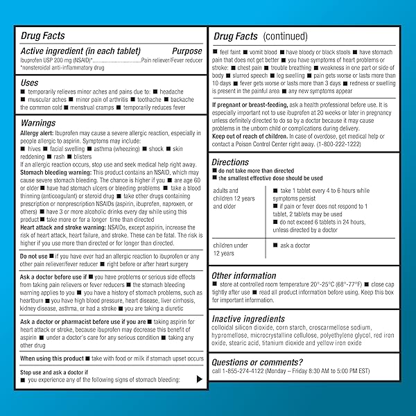 AMAZON BASIC CARE IBUPROFEN TABLETS, FEVER REDUCER AND PAIN RELIEF FROM BODY ACHES, HEADACHE, ARTHRITIS PAIN AND MORE, 1000 COUNT