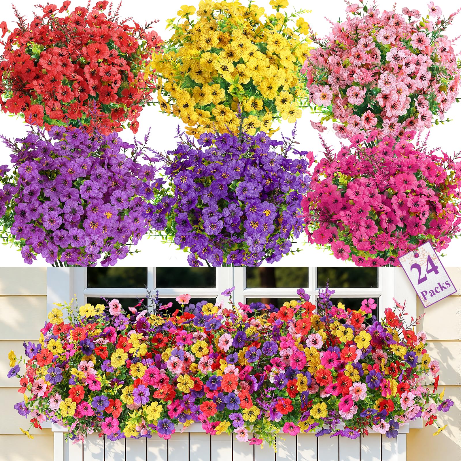 SHareconn 24 Bundles Artificial Flowers for Outdoors Decoration, Faux Plants Fake Silk Colorful Daisy Eucalyptus Lavender, UV Resistant for Outside Home Porch Indoor Spring Decor, 6 Colors incl. Red Image