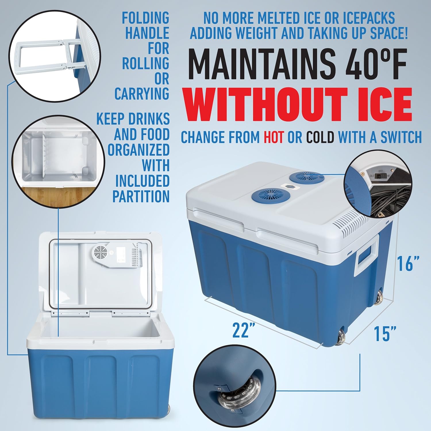 K-box Electric Cooler and Warmer with Wheels for Car and Home - 48 Quart (45 Liter) - 6 FT. EXTRA Long Cables Dual 110V AC House and 12V DC Vehicle Plugs (Blue): Appliances