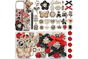 BELICEY Junk Case Charms Red Black Bow Flower Charm for Phone Cases 3D Gold Butterfly Rhinestone Junk Case Kit Elegant Heart Rose Bear Big Charms Customizing DIY Craft Accessories