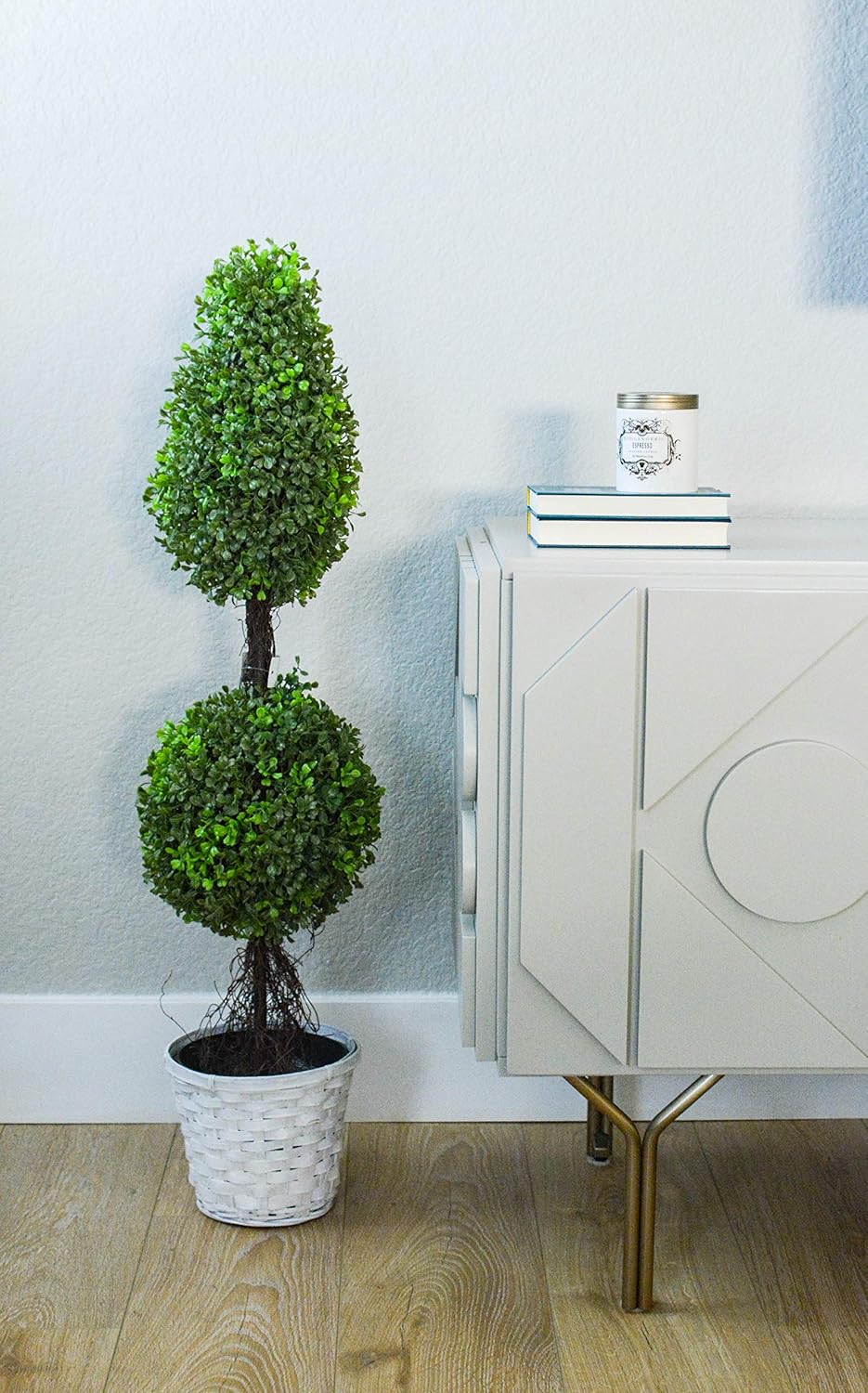 Admired By Nature 3’ Artificial Boxwood Leave Double Ball Shaped Topiary Plant Tree in Plastic Pot, Green/Two-tone- Set of 2 -
