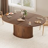 Dining Table for 4-6, 63&ldquo;Extendable Round Dining Room Kitchen Table with 2-Tier Storage Shelf, Fluted Wood Table with Slide Door, Expandable Wood Oval Dinner Furniture with Pedestal Base (Walnut)