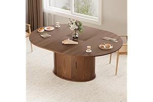 JARTOIL Dining Table for 4-6, 63“Extendable Round Dining Room Kitchen Table with 2-Tier Storage Shelf, Fluted Wood Table with Slide Door, Expandable Wood Oval Dinner Furniture with Pedestal Base (Walnut)