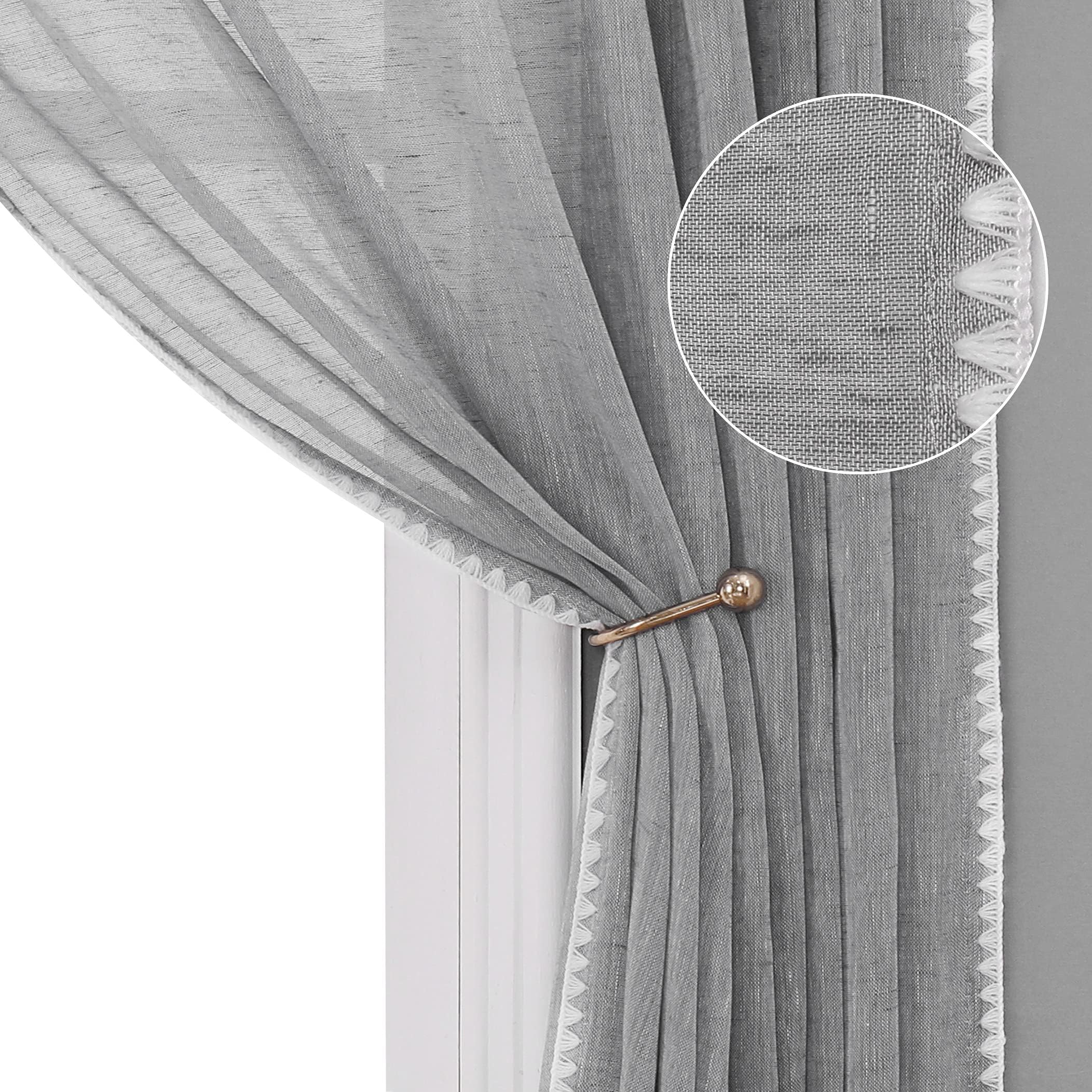 MISS SELECTEX Sheer Linen Curtains with Bordered - Natural Textured Semi-Sheer Drapes Grommet Top Voile Window Curtains for Living Room and Boys Bedroom, Light Grey, 52x72Inch,Set of 2 Panels