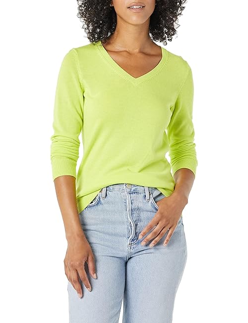 Amazon Essentials Women's Regular-Fit Lightweight Long-Sleeve V-Neck Sweater (Available in Plus Size), Neon Yellow, Medium