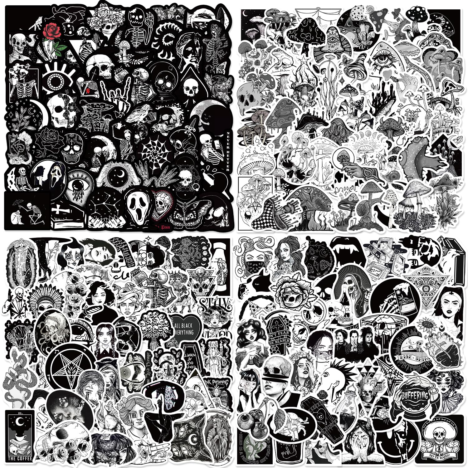 200Pcs Goth Stickers Pack, Black and White Sticker, Cool Skull Stickers for Adults Mens Teens Girls, Waterproof Vinyl Horror Decals for Water Bottle Laptop Luggage Journal Scrapbooking