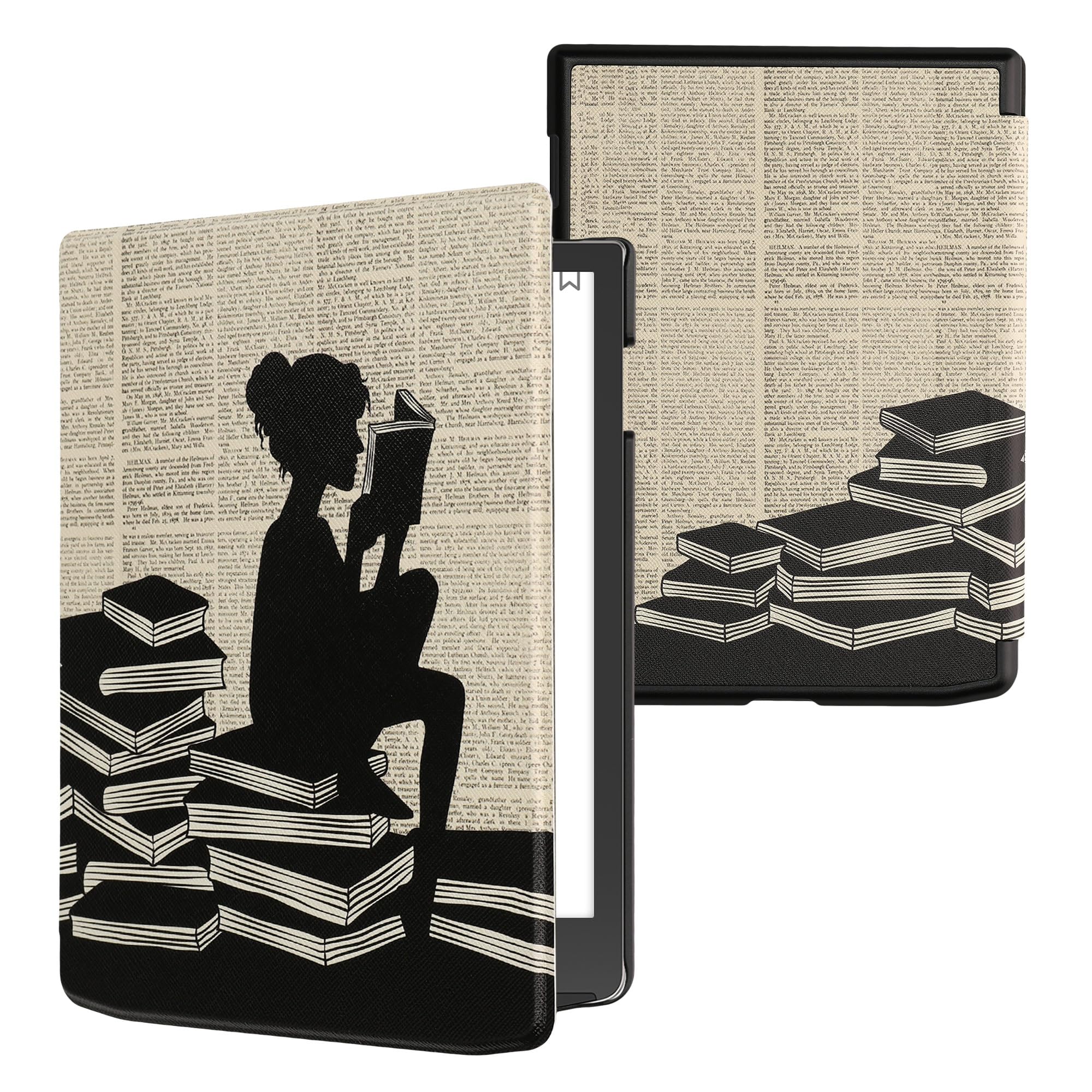 kwmobile Cover for Pocketbook InkPad 4 / Color 3 / Color 2 / Vivlio InkPad 4 / InkPad Color 3 Case - eReader Cover with auto sleep funktion - Girl and Books with Black/Beige