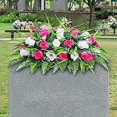 LVXINLI Artificial Cemetery Flower-Outdoor Grave Saddle Headstone Decorations,Pink and White Rose Memorial Day Flowers for gravesite (Pink and White)…