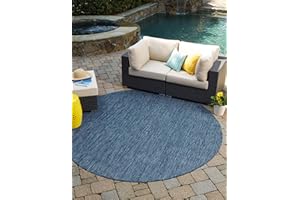 Unique Loom Collection Casual Transitional Solid Heathered Indoor/Outdoor Flatweave Area Rug (5' 1" Round, Blue/Navy Blue)
