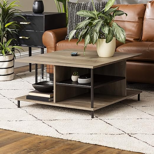 Amazon Com Walker Edison Metal And Wood Square Coffee Table Living Room Accent Ottoman Storage Shelf 30 Inch Grey Wash Furniture Decor