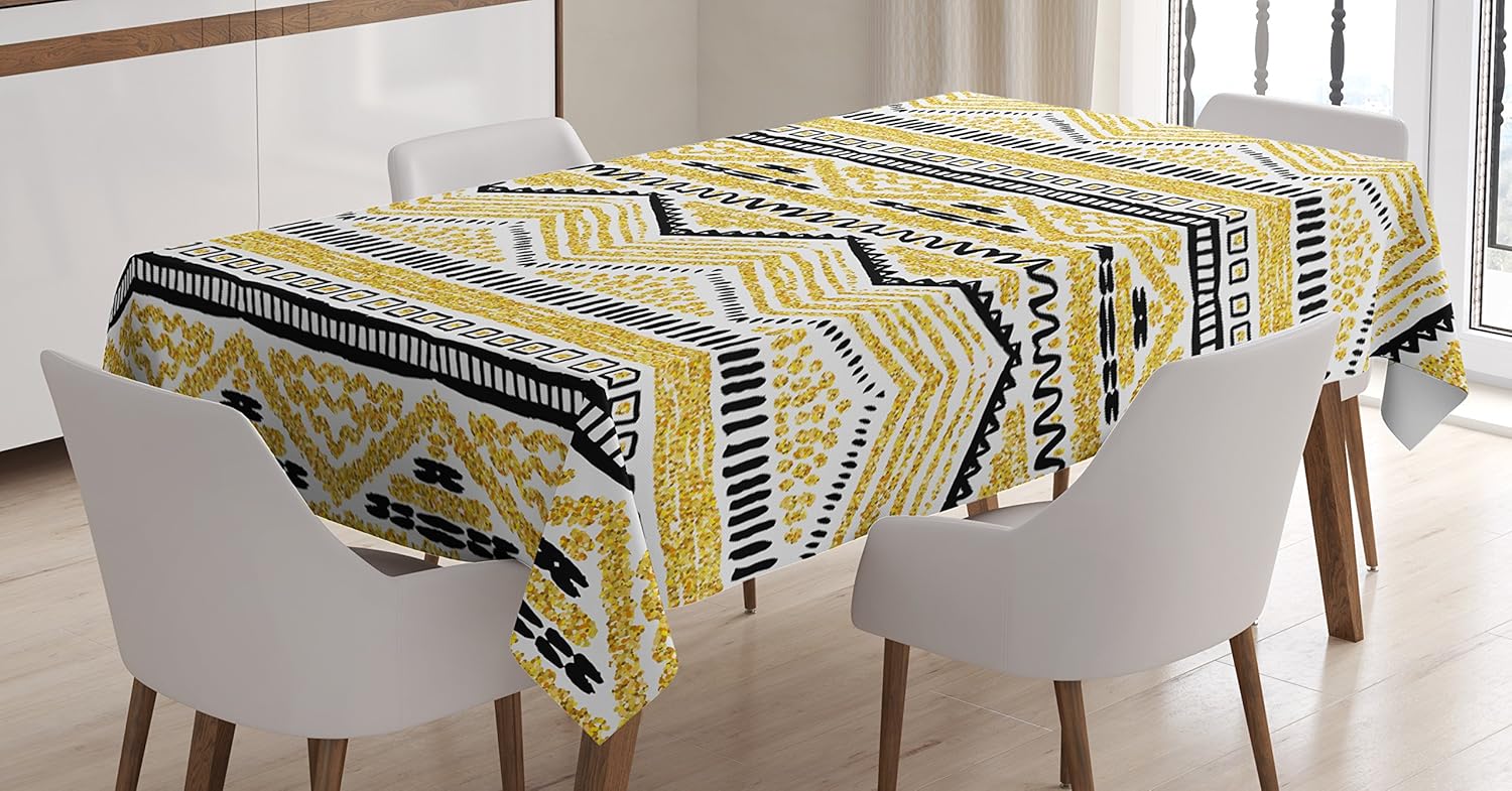 Ambesonne Yellow and Black Tablecloth, Prehistoric Design with Zig Zag Lines Stripes Chevron, Rectangular Table Cover for Dining Room Kitchen Decor, 60