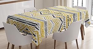 Ambesonne Yellow and Black Tablecloth, Prehistoric Design with Zig Zag Lines Stripes Chevron, Rectangular Table Cover for Dining Room Kitchen Decor, 60