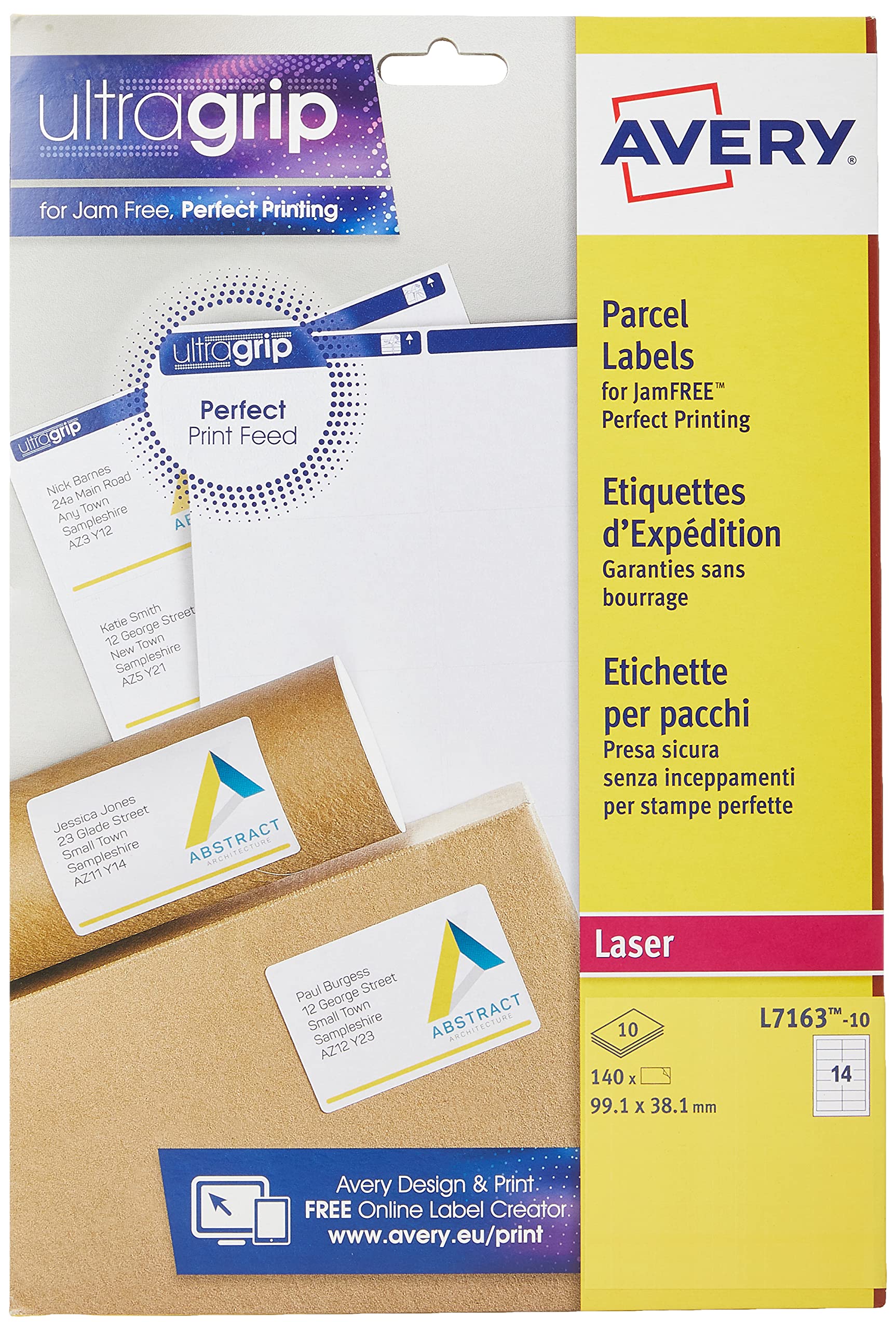 Avery JamFREE, Printable, Parcel Labels, FSC Certified, 99.1 x 38.1 mm, White, 14 Labels per Sheet, 140 Blank Labels per Pack (L7163-10)