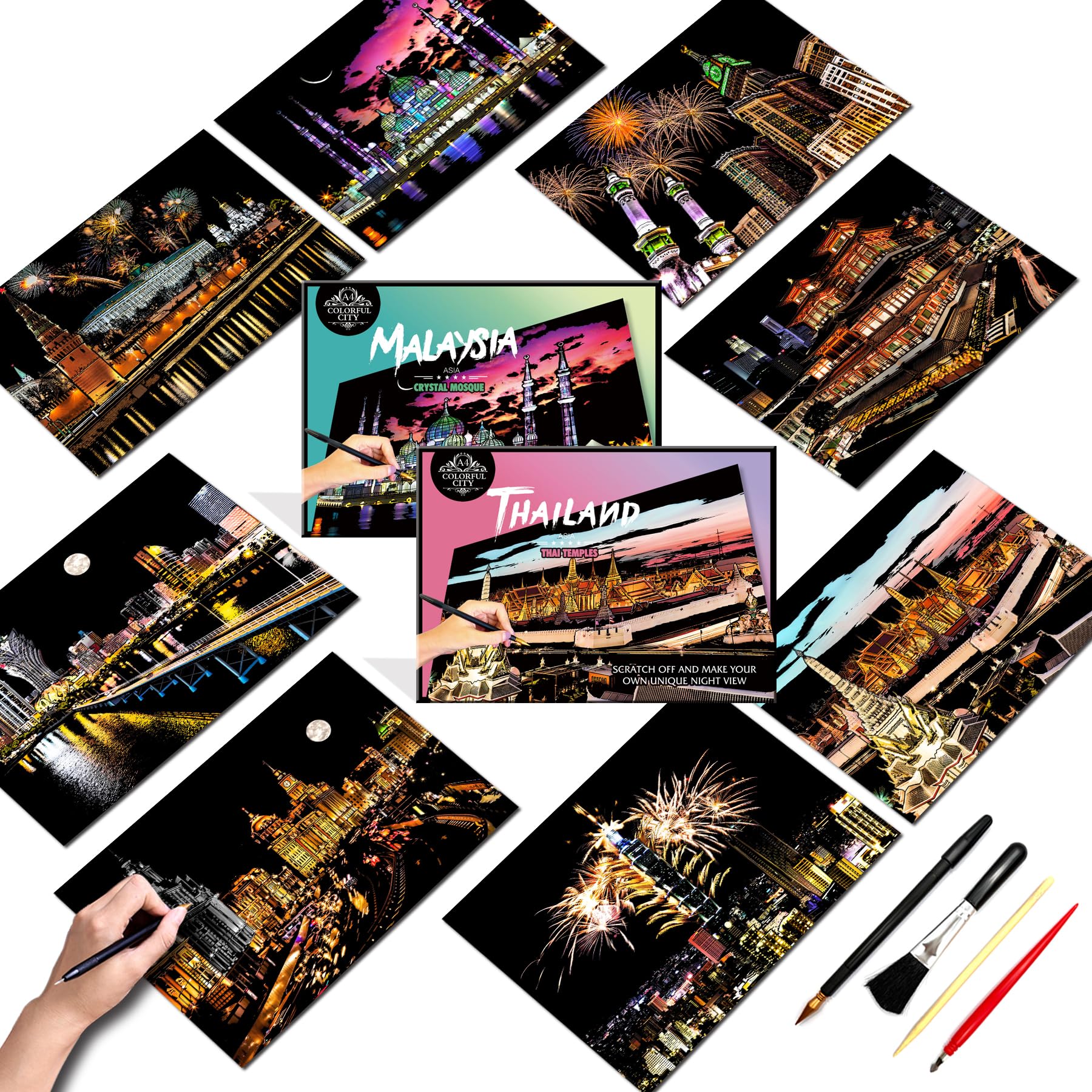 SiYear Scratch Art Painting Paper Set for Adults & Kids,Landmark Building City Series Night Scene,Scratchboard Creative Gift DIY Foil Engraving Crafts with 4 Tools (Asian Series-8pack)
