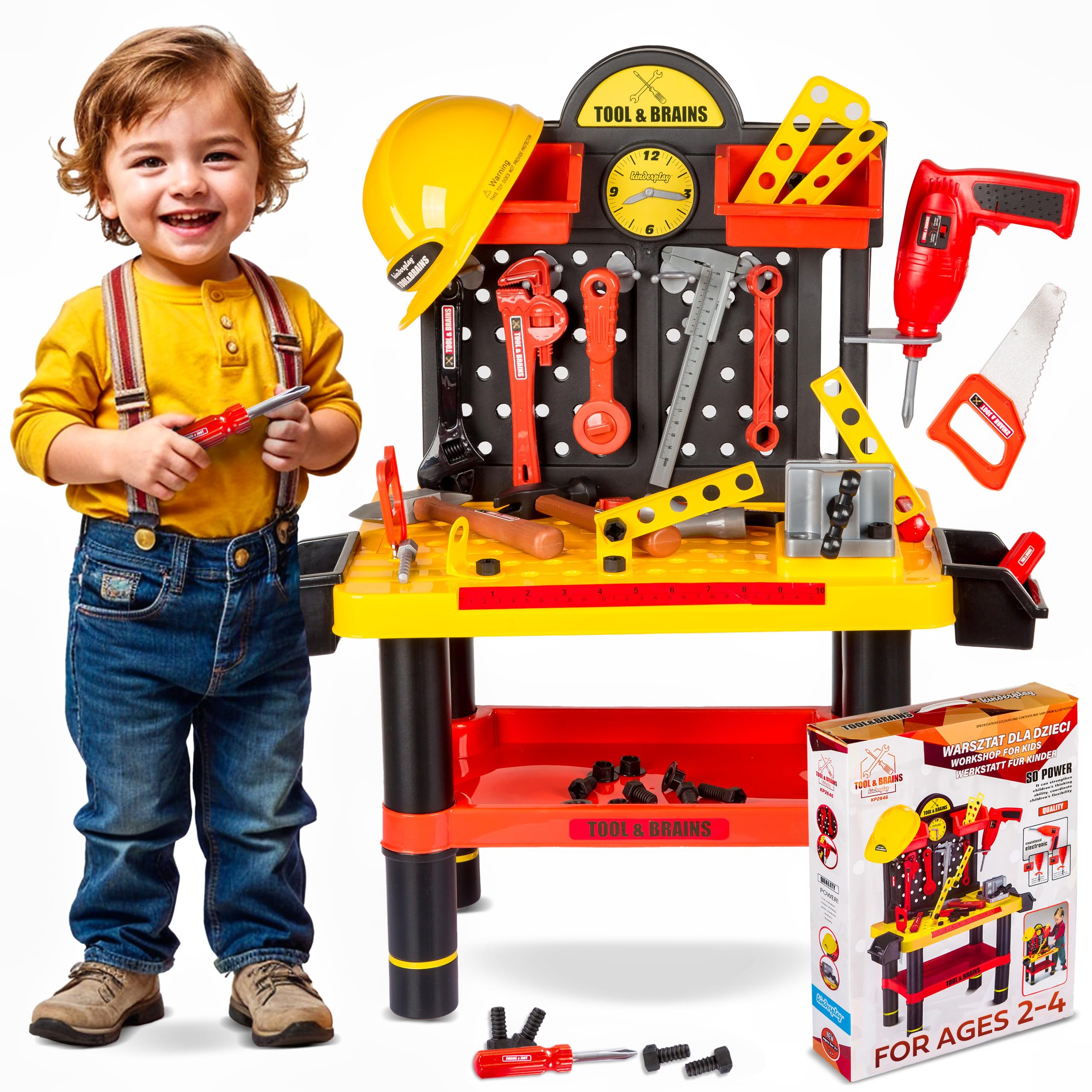 Kinderplay Kids Tool Bench | Kids Workbench - 50 pcs Kids Tool Set | Toll Bench for Toddlers| Kids Tool Box with Drill and Helmet | Kids Tool Kit "Tools&Brains”, KP2646