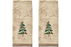 SKL Home Christmas/Winter Seasonal Fir 100% Cotton Embroidered 2pc Hand Towel Set, Decorative Jacquard for Bath/Kitchen/Bar, Wheat