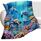 Ocean Sea Turtle Dolphin Throw Blanket Fish Animal Blue Print Blankets Gifts for Couch Sofa Bed Stuff Decor Soft Cozy Fleece Plush Flannel Bedding for Lover Men Women Boys Girls Adults 40"x50"