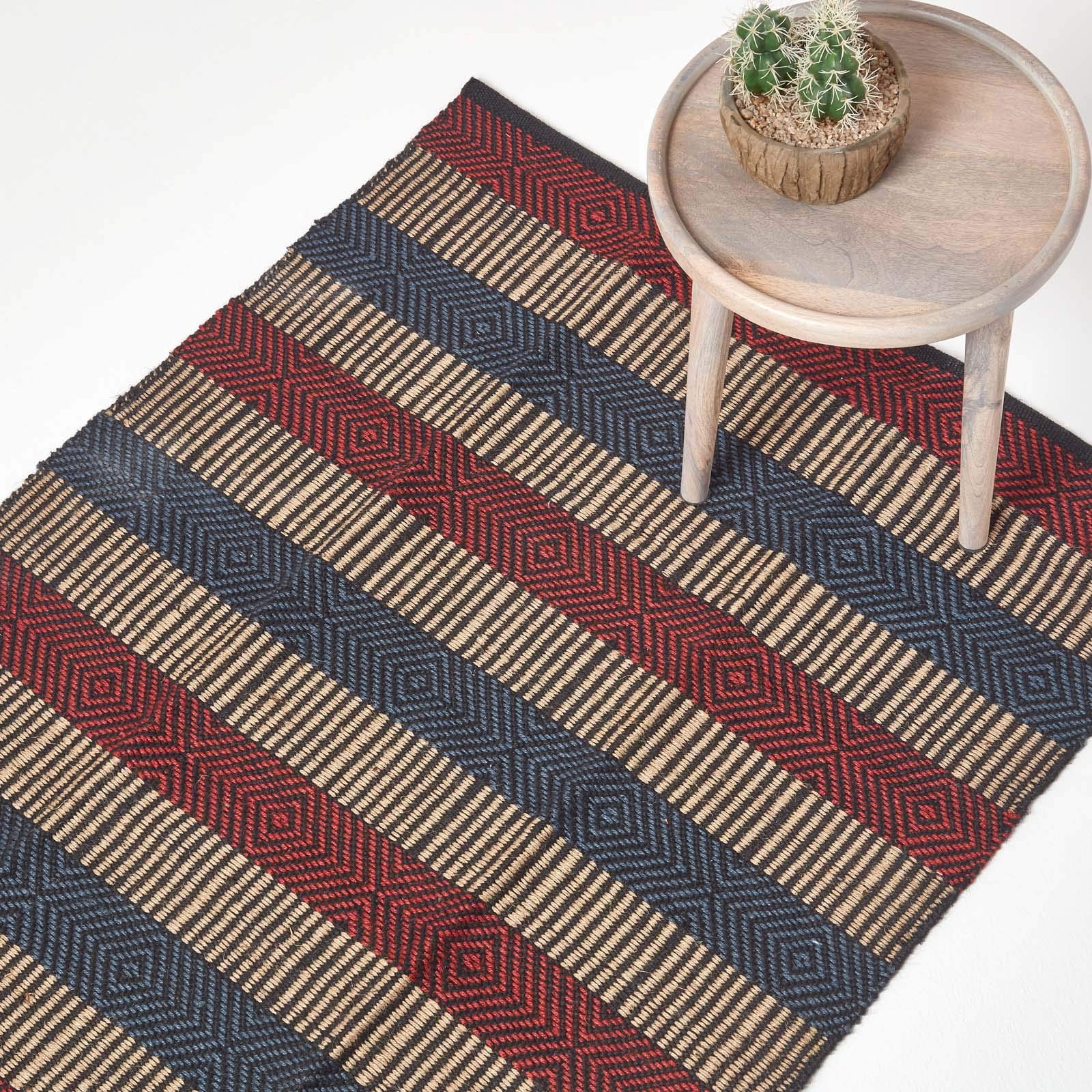 HOMESCAPES Medium Modern Jute Rug Red, Blue and Black Striped Geometric Design 90 cm x 150 cm (3ft x 5ft) Heavy Duty Suitable for Halls, Living Rooms or Conservatories