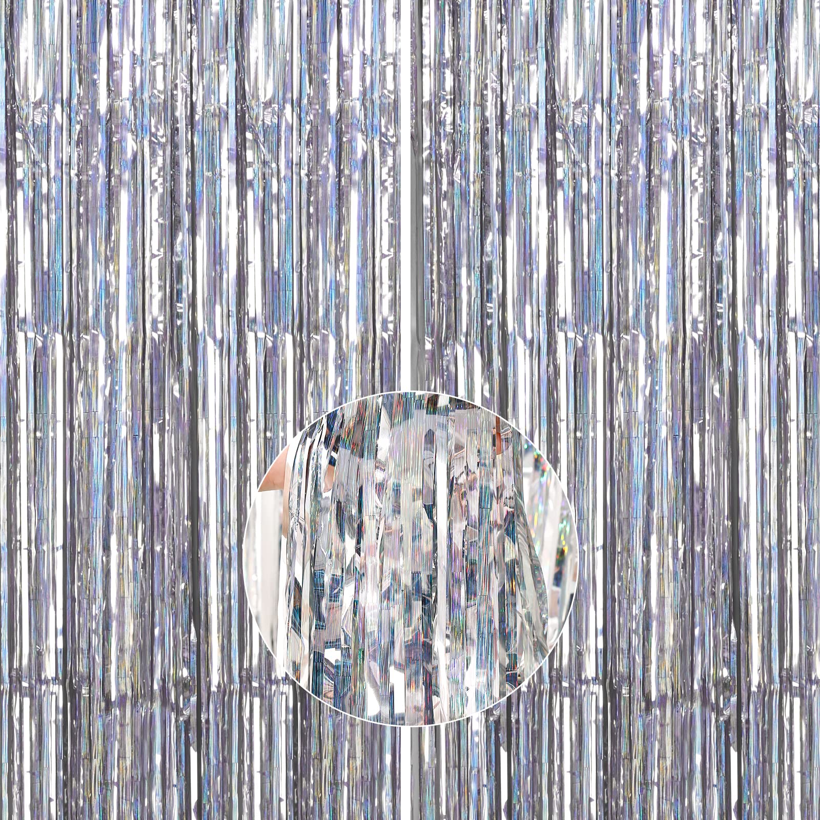 Photo 1 of PartyWoo Foil Fringe Curtains Silver, 2 pcs 3.3x6.6 ft Silver Streamers, Fringe Backdrop, Tinsel Backdrop, Tinsel Curtain, Metallic Door Shimmer, Birthday Party Streamers, Christmas Decorations