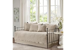 Madison Park Daybed Cover Set Damask Quilted Cover for Daybeds, All Season, Pre-Washed Cotton-Filled Coastal Bedding with Scallop Edge, Shams, Bedskirt, Décor Pillows, Tuscany, Daybed Khaki 6 Piece