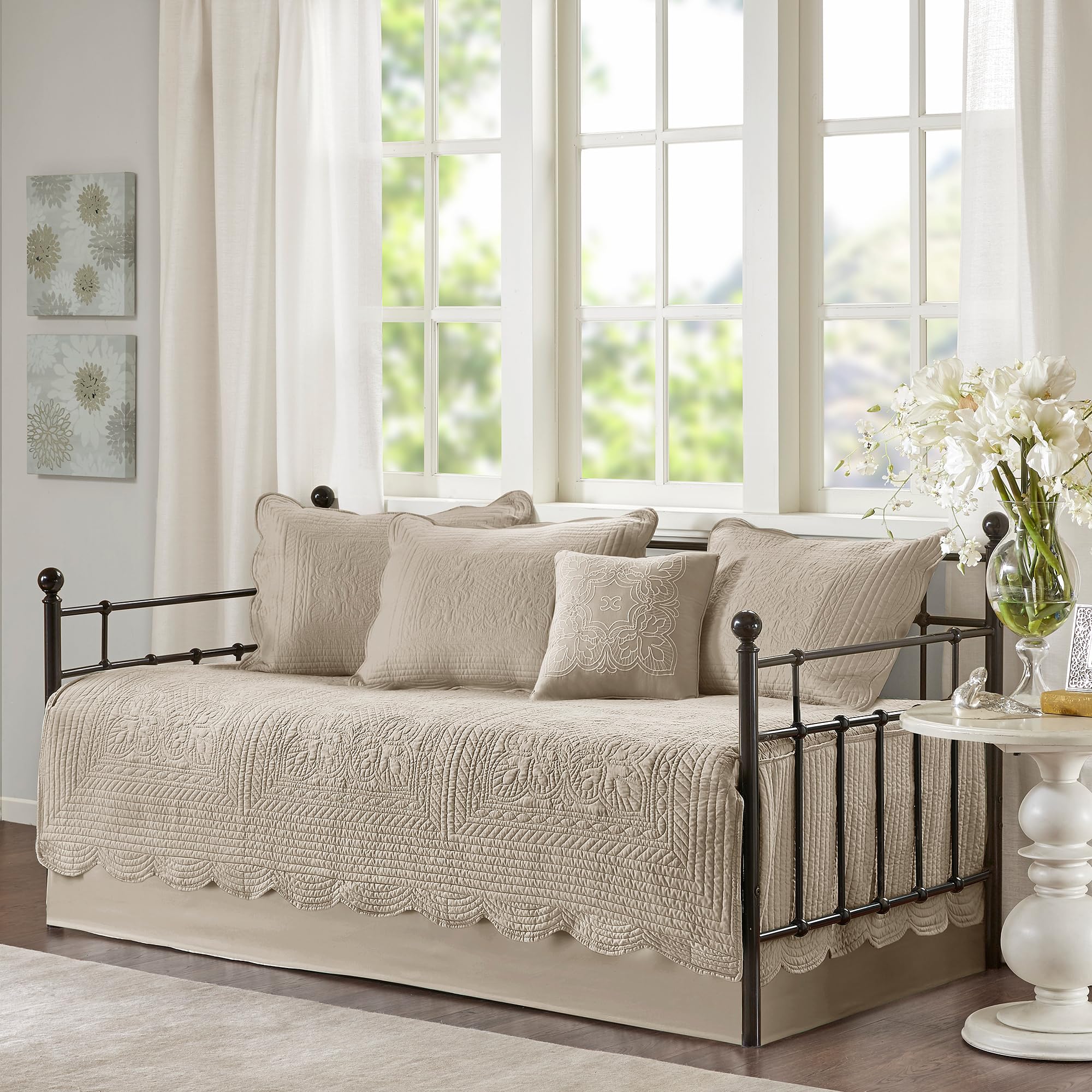 Madison Park Daybed Cover Set Damask Quilted Cover for Daybeds, All Season, Pre-Washed Cotton-Filled Coastal Bedding with Scallop Edge, Shams, Bedskirt, Décor Pillows, Tuscany, Daybed Khaki 6 Piece Image