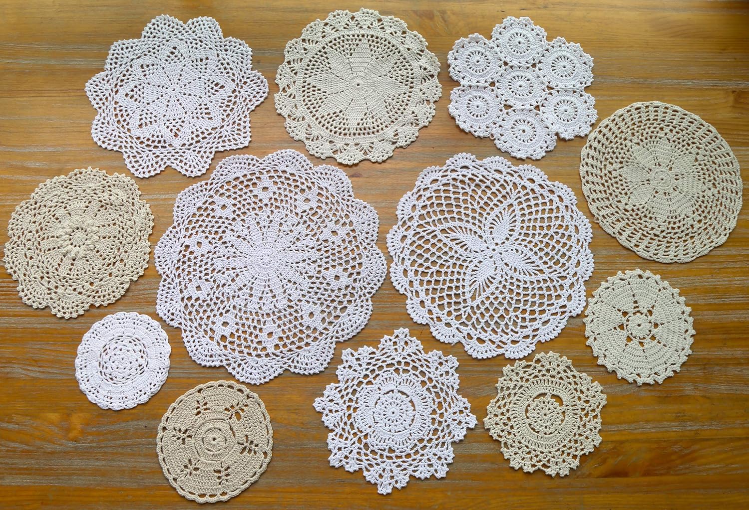 DOUKING 12Pcs Hand Crochet Lace Doilies for Table Decoration Handmade Vintage Round Lace Doilies Placemats, Varied Sizes, 5-12 Inches, Beige and White (12 PCS-A)