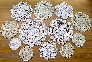 DOUKING 12Pcs Hand Crochet Lace Doilies for Table Decoration Handmade Vintage Round Lace Doilies Placemats, Varied Sizes, 5-12 Inches, Beige and White (12 PCS-A)