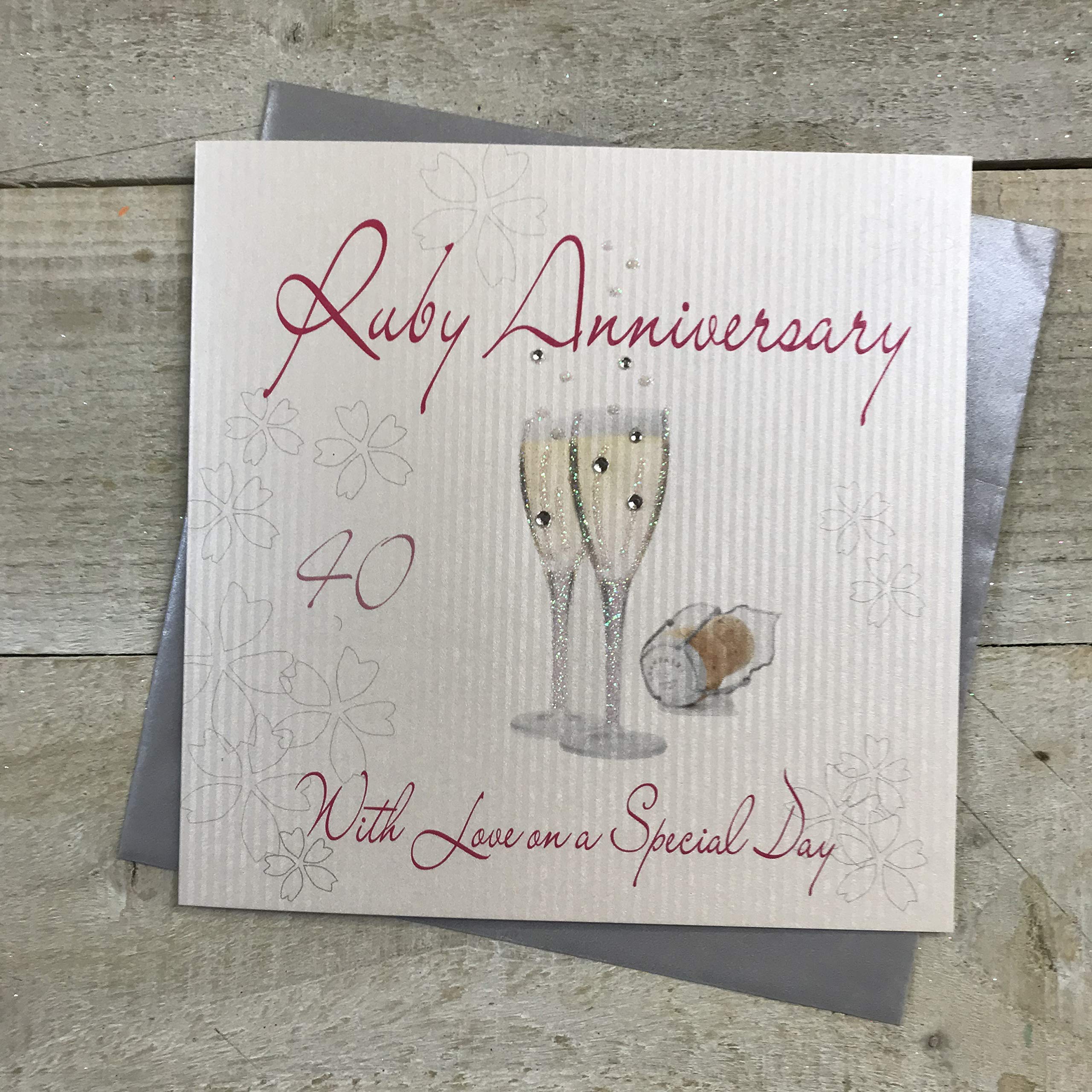 white cotton cards Champagne Glass Ruby Love on a Special Day Handmade 40th Anniversary Card, White, WA40