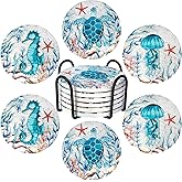 Coasters for Drinks with Holder Set of 6 Ceramic Absorbing Stone Sea Ocean Life Cork Base Coastal Decor Beach Theme Tropical Table Coaster for Coffee Cocktail Beverage Wine Beer Cup Mug