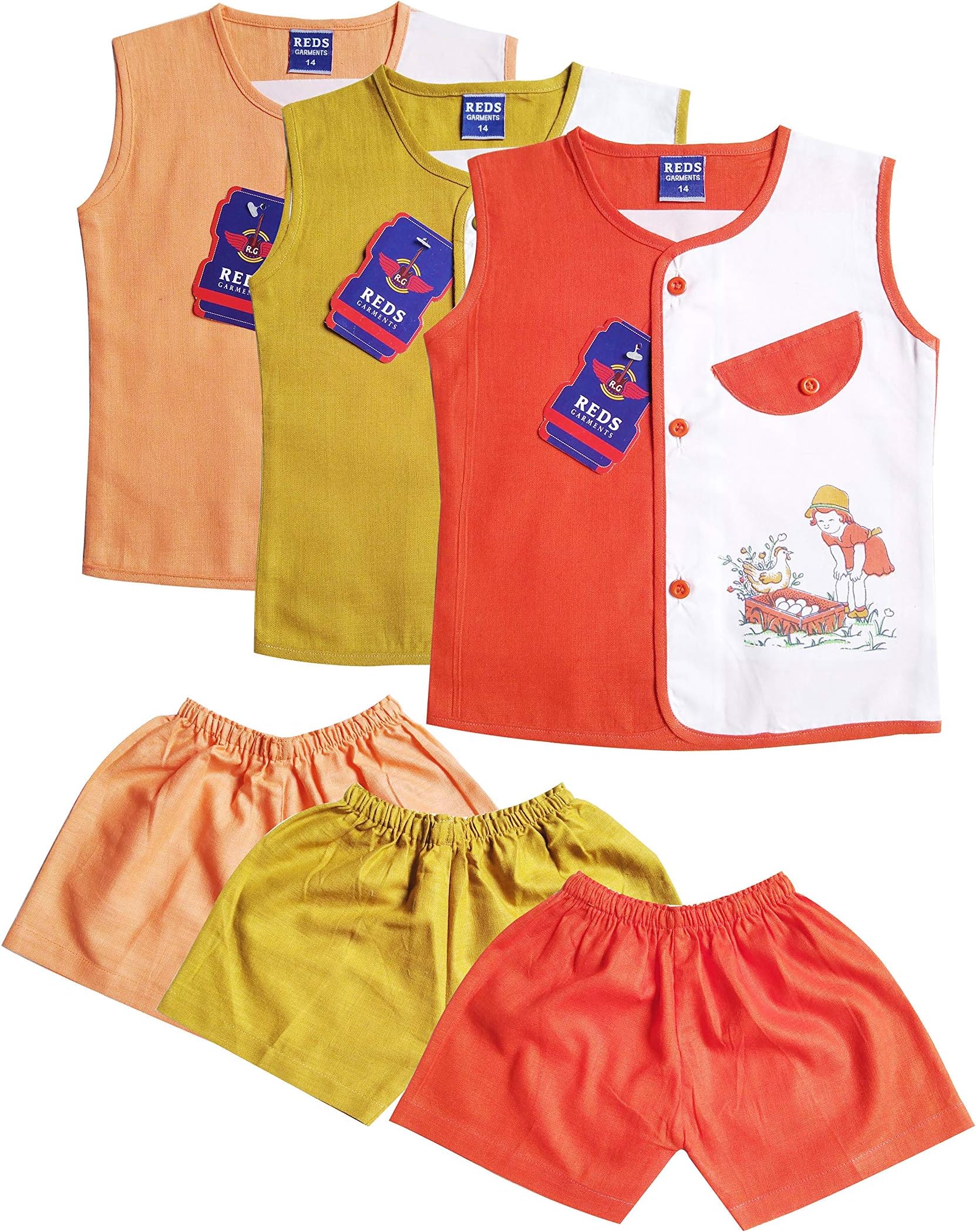 Reds Garments Born Baby Clothes Set Months Pack of 3 for Boy Girl Cotton Front Open Sleeveless Jhabla for Summer Combo