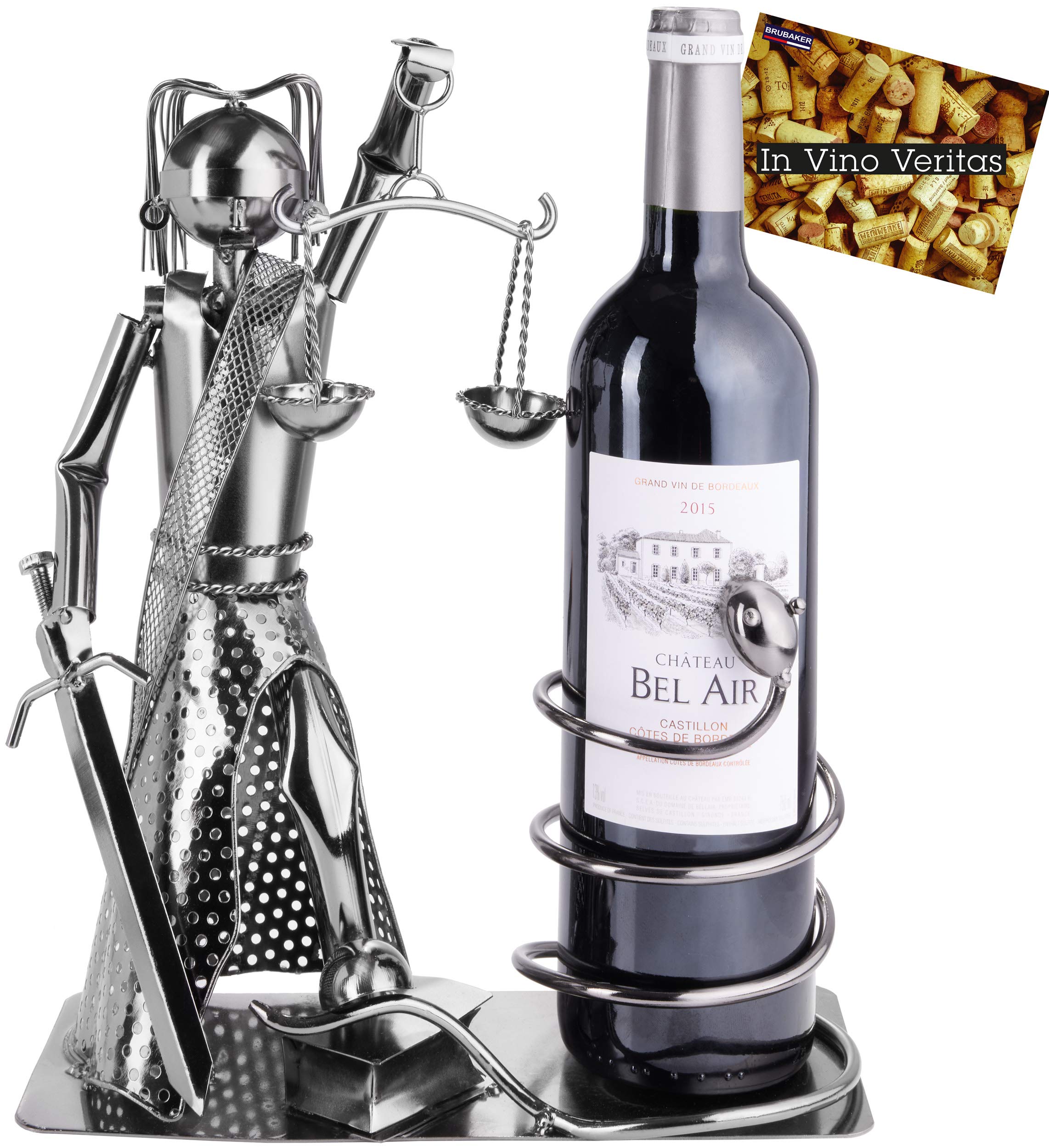 BRUBAKER Wine Bottle Holder Justitia with Snake - Metal Sculpture Bottle Stand - Metal Figure Wine Gift for Lawyers, Judges, Lawyers, Law Firm - with Greeting Card