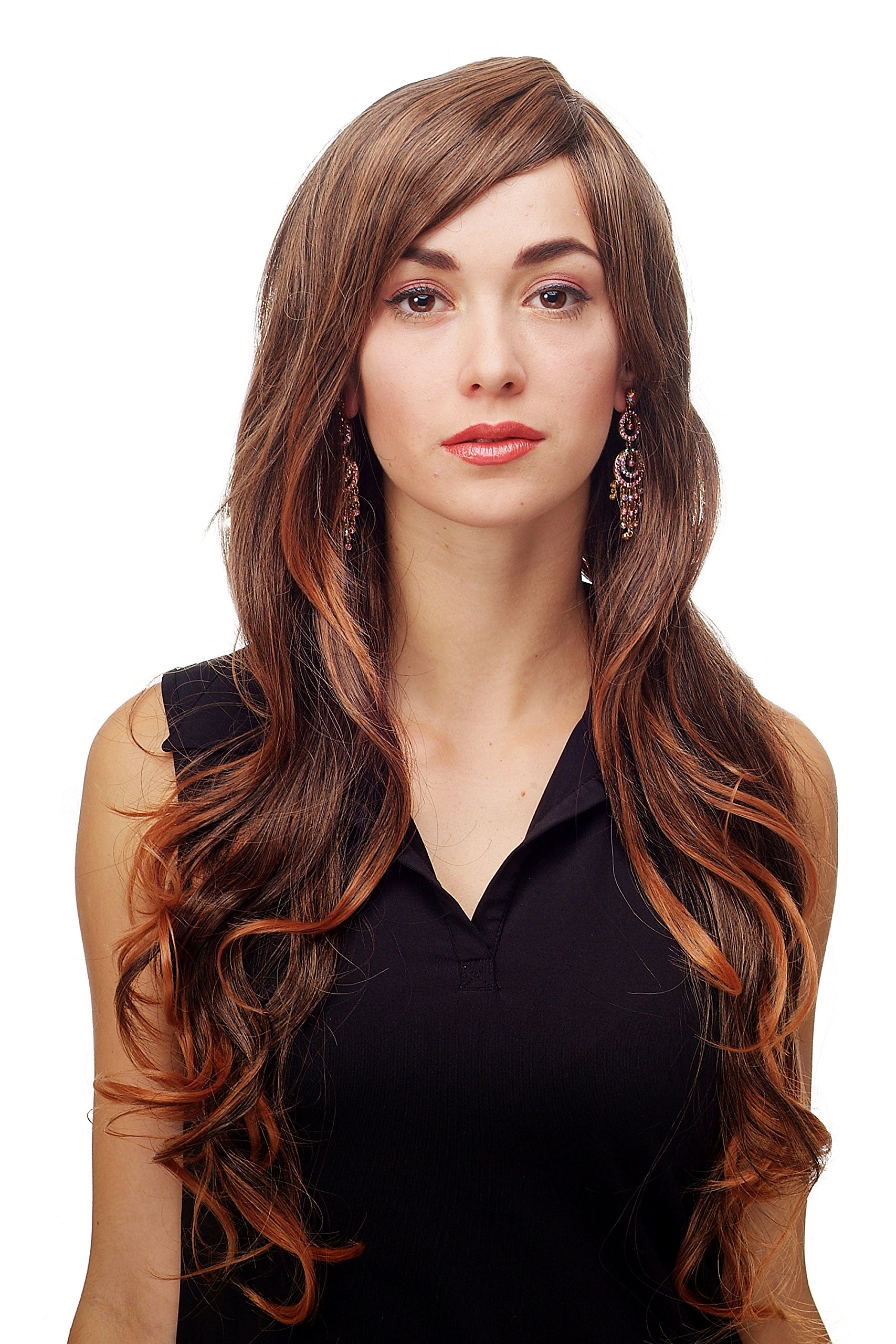 WIG ME UP 9204S-2T114 Stunning Lady Quality Wig very long wavy long fringe (for side parting) black streaked highlighted with brown 27,5 inch