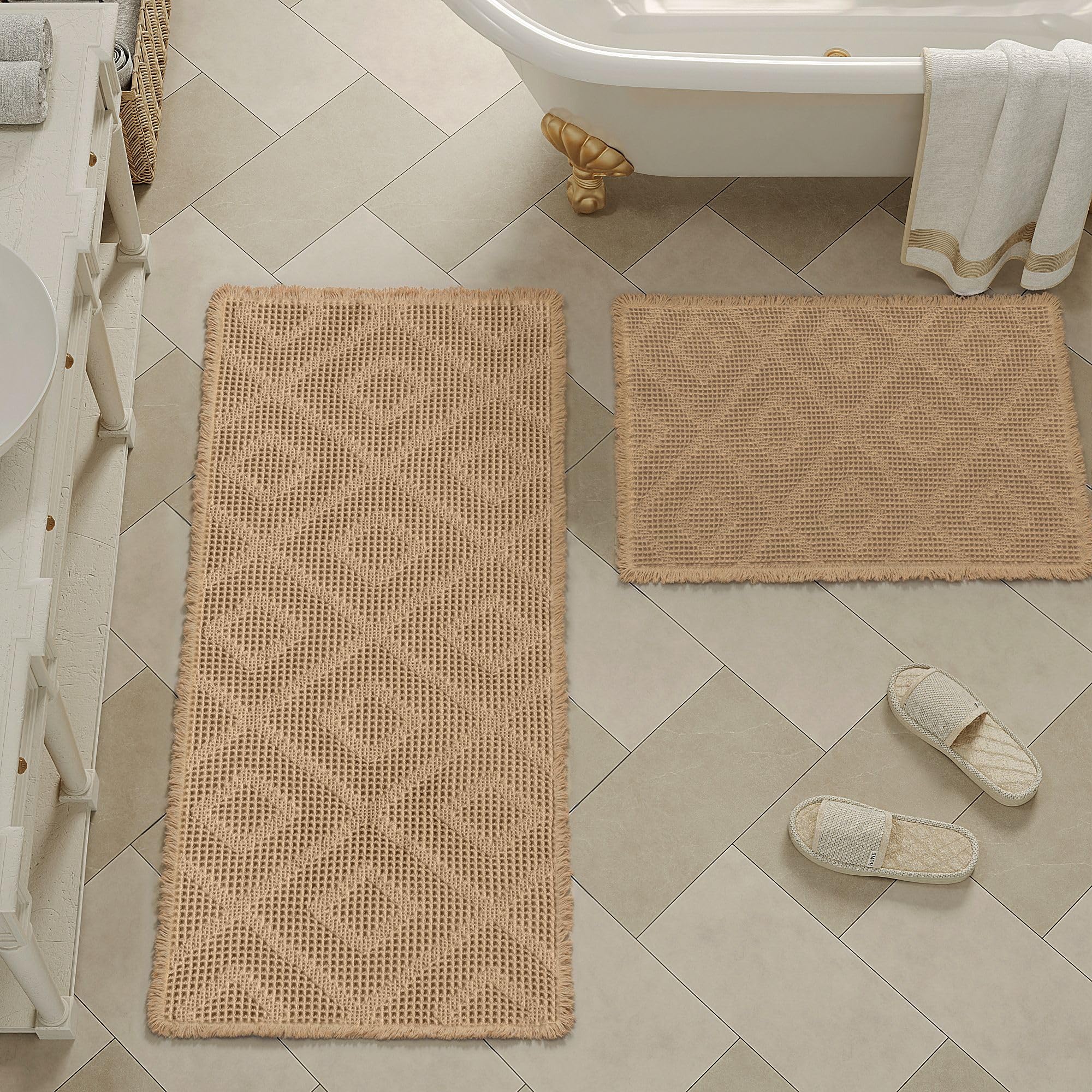 Photo 1 of PureCozy Washable Bathroom Rugs Sets 2 Piece, Upgraded Waffle Super Absorbent Non Slip Bath Mats, Ultra Soft Quick Dry Runner Rug for Bathroom Hallway, Brown, 18"x30"+24"x48"(2'x4')
