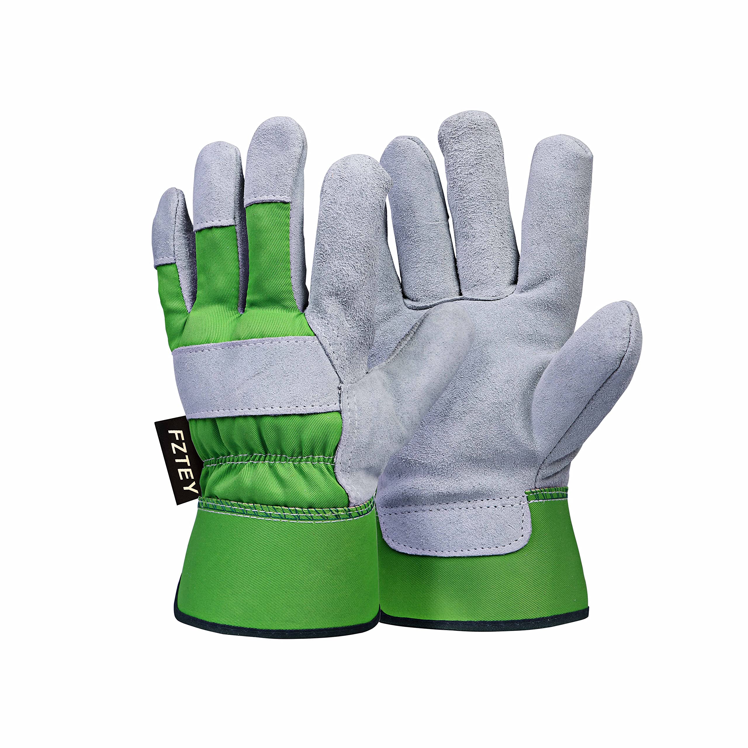 FZTEY Leather Gardening Work Gauntlets For Men, Reinforced Heavy duty Gloves, Safety Protective Rigger Washable Gripper (S, Green, 1 Pairs)