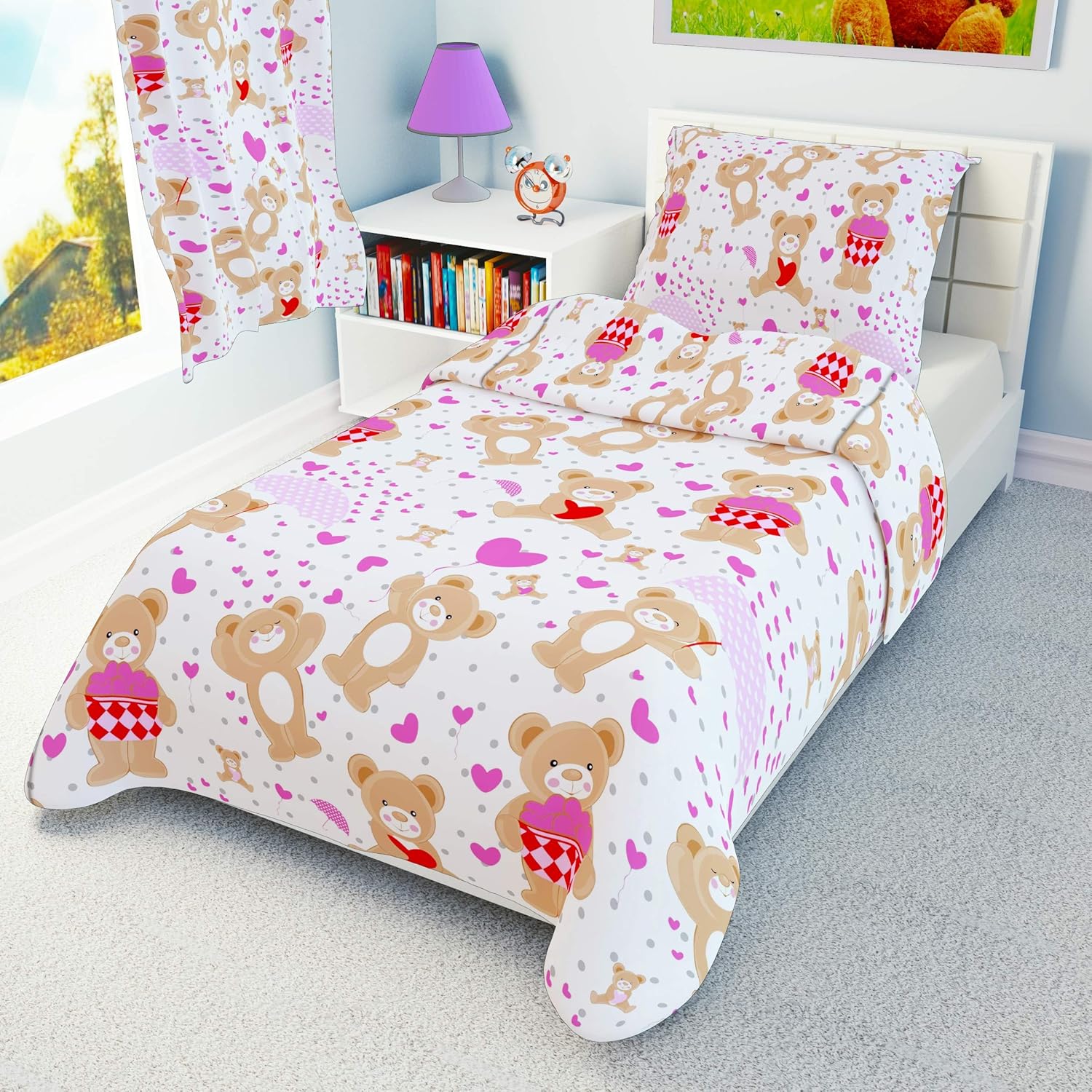 Pink Love Hearts Teddy Bear Girls Nursery Bedding Set Duvet Cover