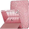INFILAND Compatible with iPad 10th Generation Case 10.9 Inch, iPad A16 11-inch 11th Generation, Glitter Leather Cover with Sparkly Crystal Clear Back, Pencil Holder, Rose Gold