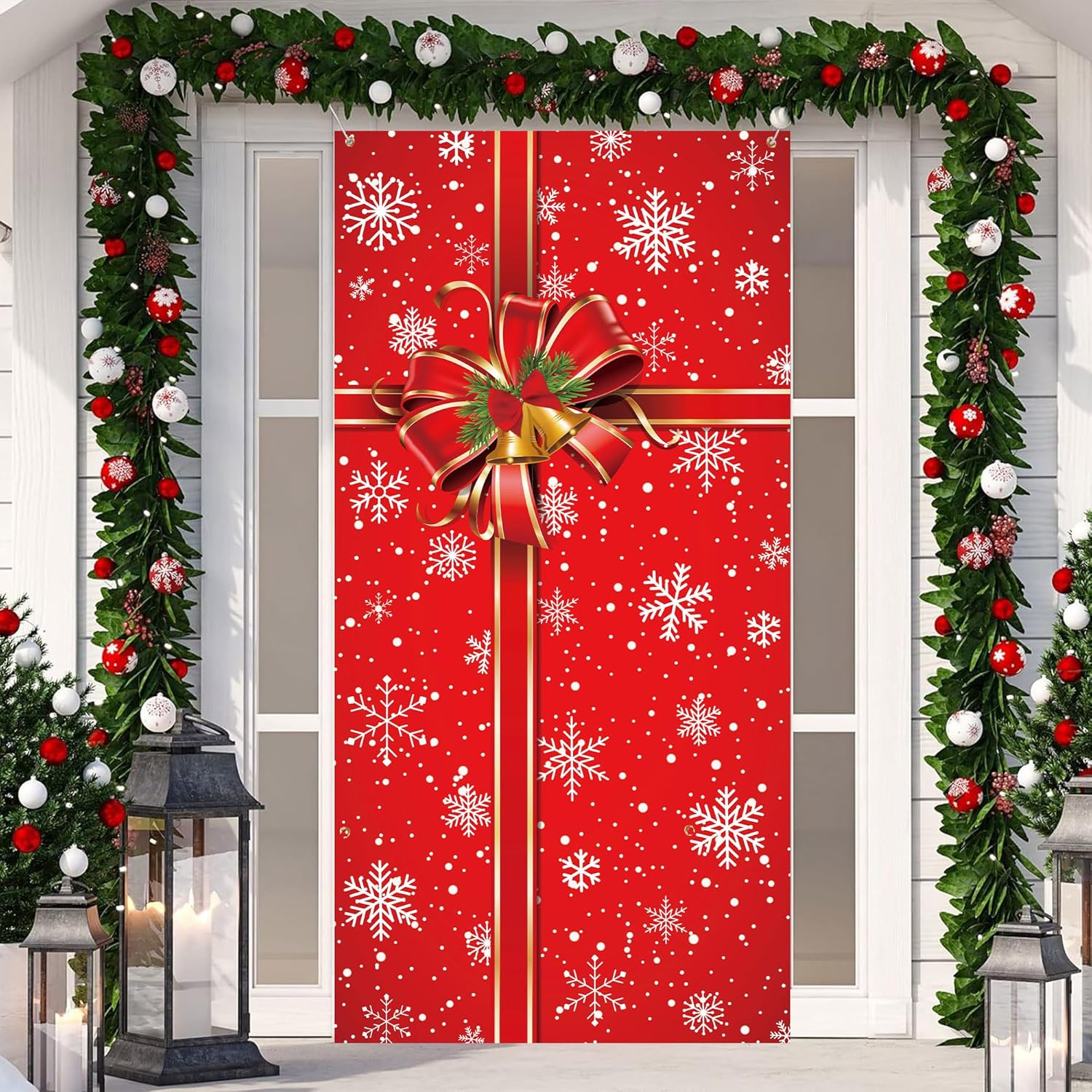 Garage Door Decorations - Christmas Door Cover Box Red Door Cover Decor Snowflake Present Box Door Hanging Banner Photography Backdrop Outdoor Sign for Xmas Winter Holiday Front Door Porch Home Party Supplies