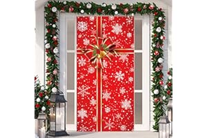 AUGISTEEN Christmas Door Cover Box Red Door Cover Decor Snowflake Present Box Door Hanging Banner Photography Backdrop Outdoor Sign for Xmas Winter Holiday Front Door Porch Home Party Supplies